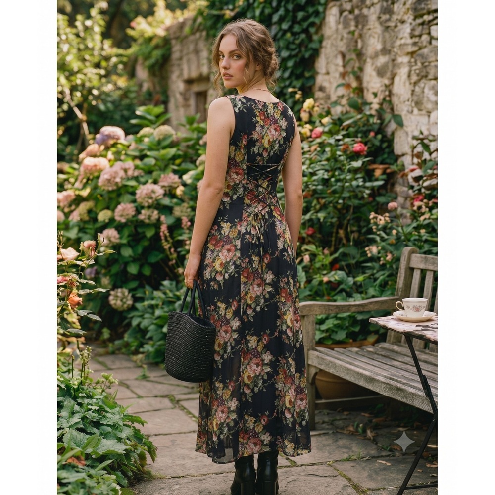Liz Claiborne Vintage 90s Floral Maxi Dress Corset Back Grunge Cottagecore Sz 10